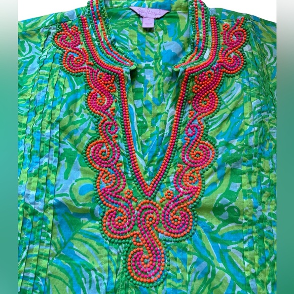 Lilly Pulitzer Sarasota Beaded Tunic Fresh Citrus Aqua Blue Lime Green size S - Picture 5 of 9